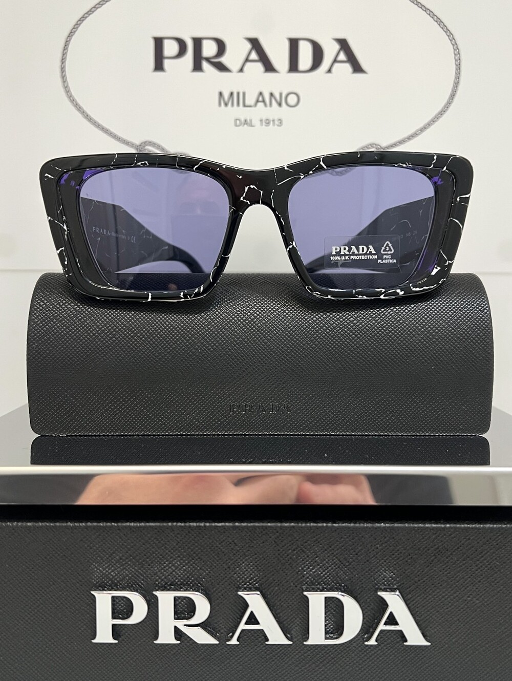 Prada Milano SPR 08Y Black White Marble Angular Cat Eye Sunglasses